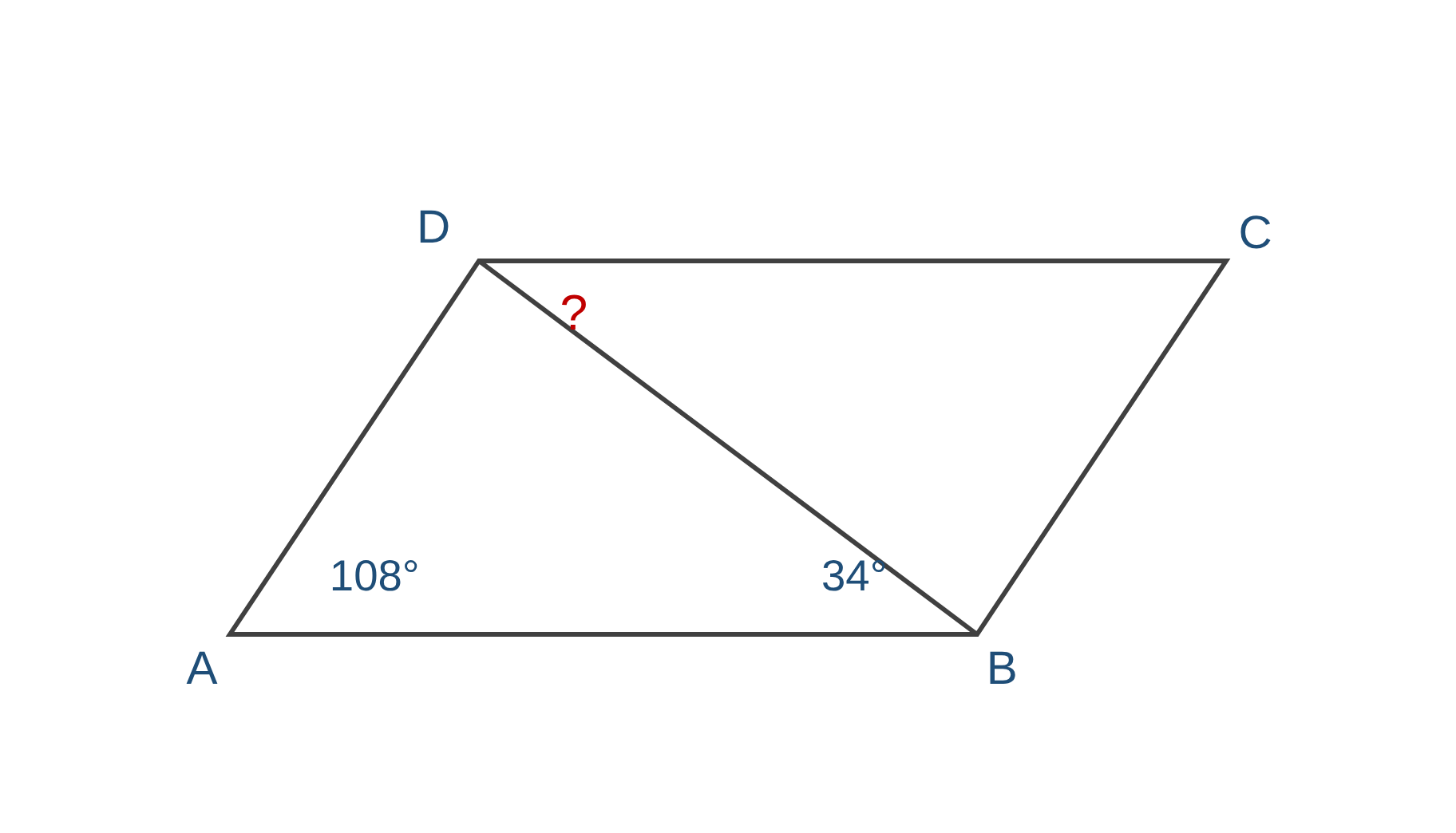Parallelogram angle question from PSLE Math Paper 2 with angle DAB 108 degrees and angle DBC 34 degrees